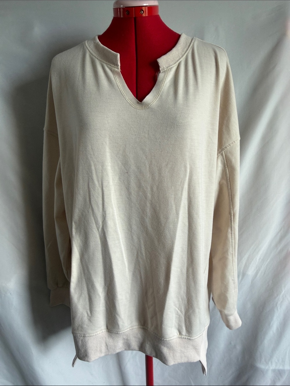 Women's Cream Notch-Neck Pullover Sweatshirt